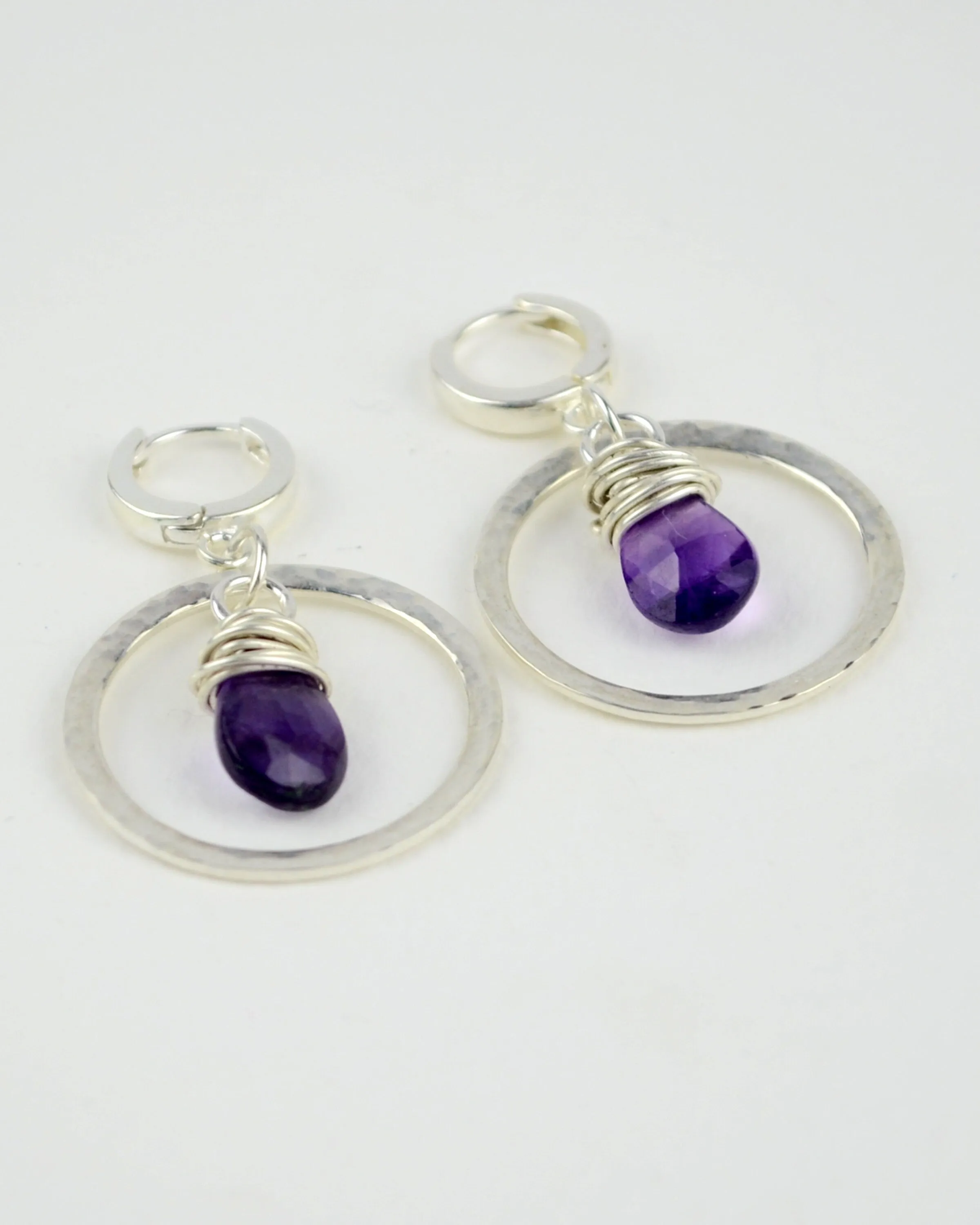Boho silver hoop earrings with wire wrapped amethyst, February birth stone gift