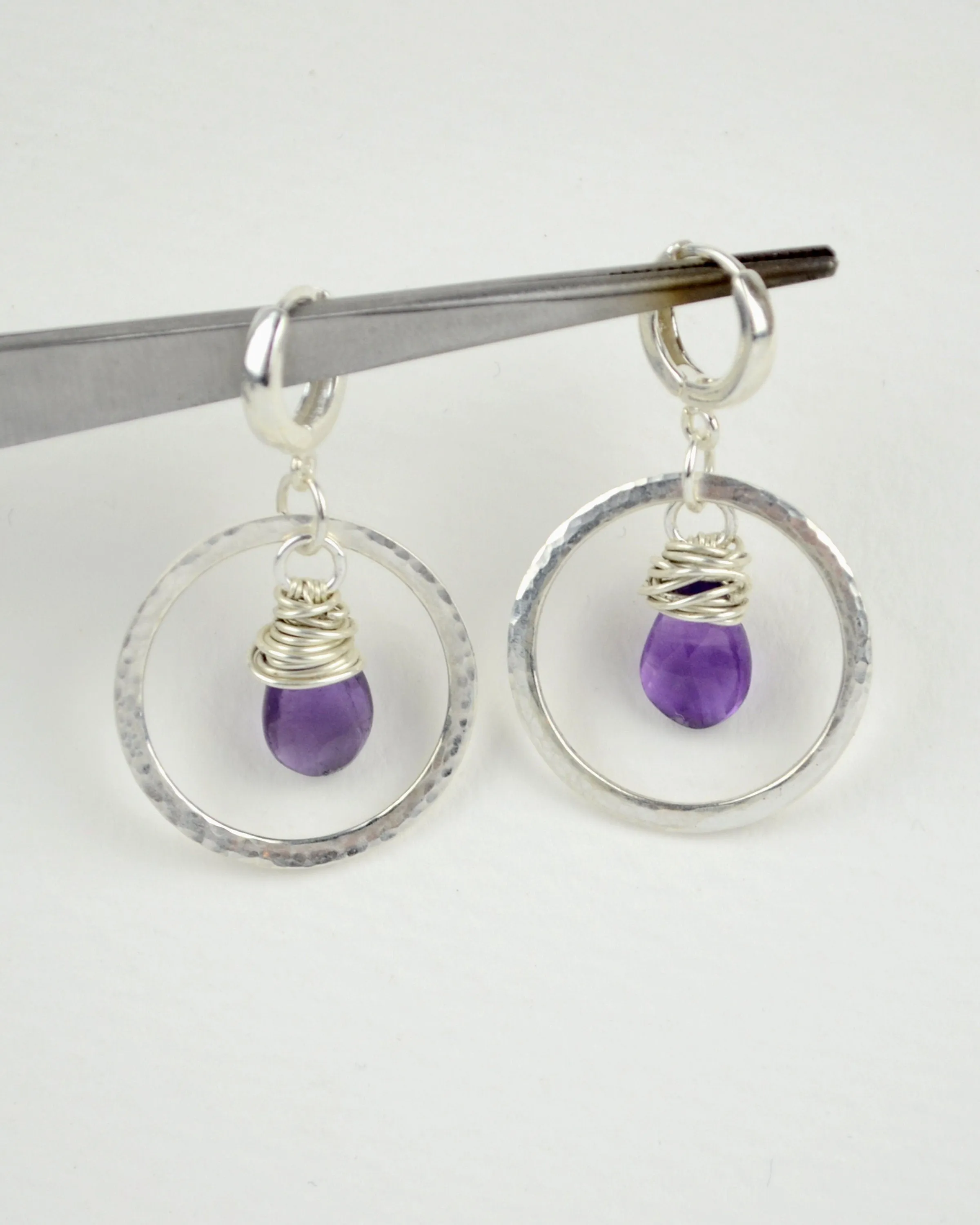 Boho silver hoop earrings with wire wrapped amethyst, February birth stone gift