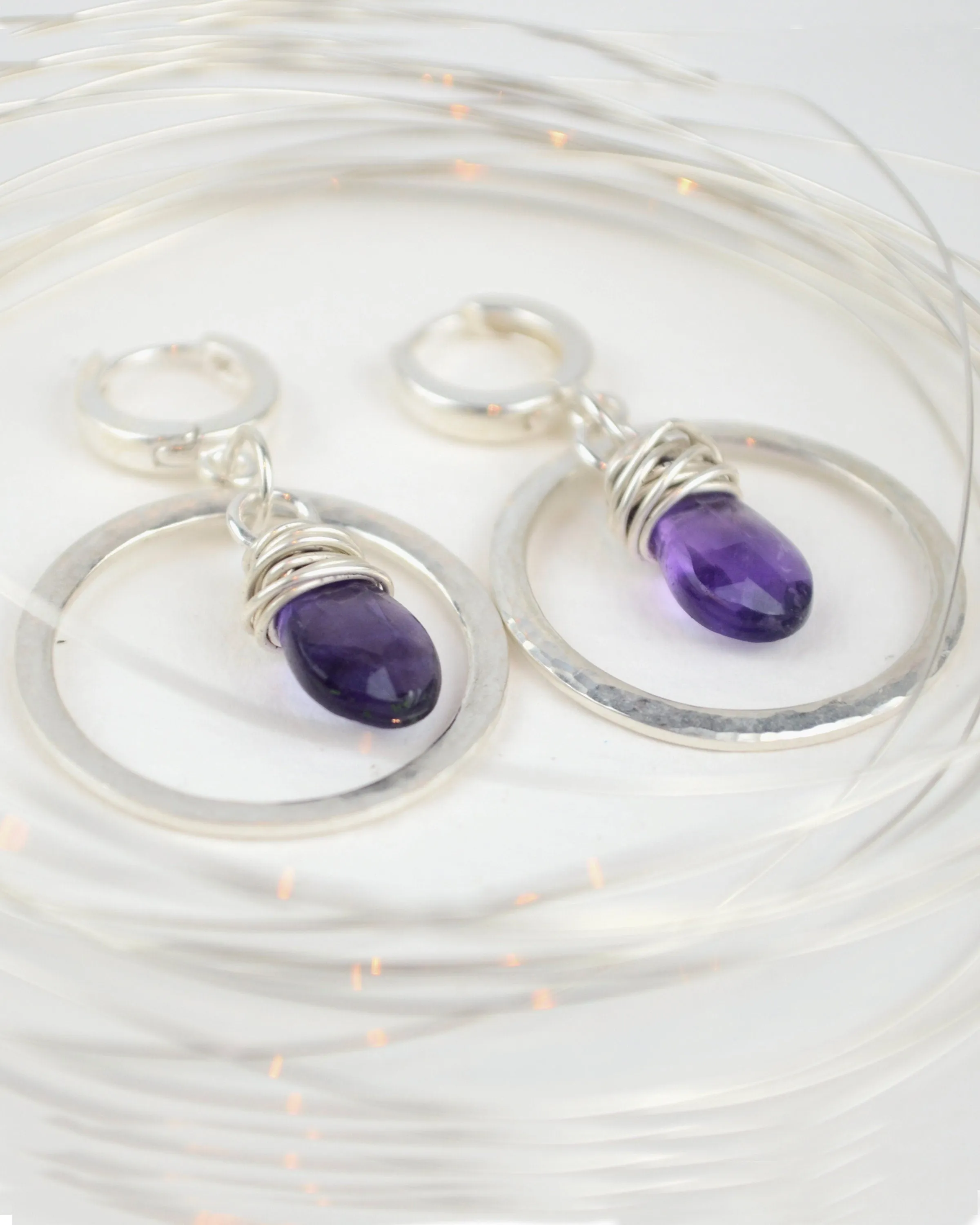 Boho silver hoop earrings with wire wrapped amethyst, February birth stone gift
