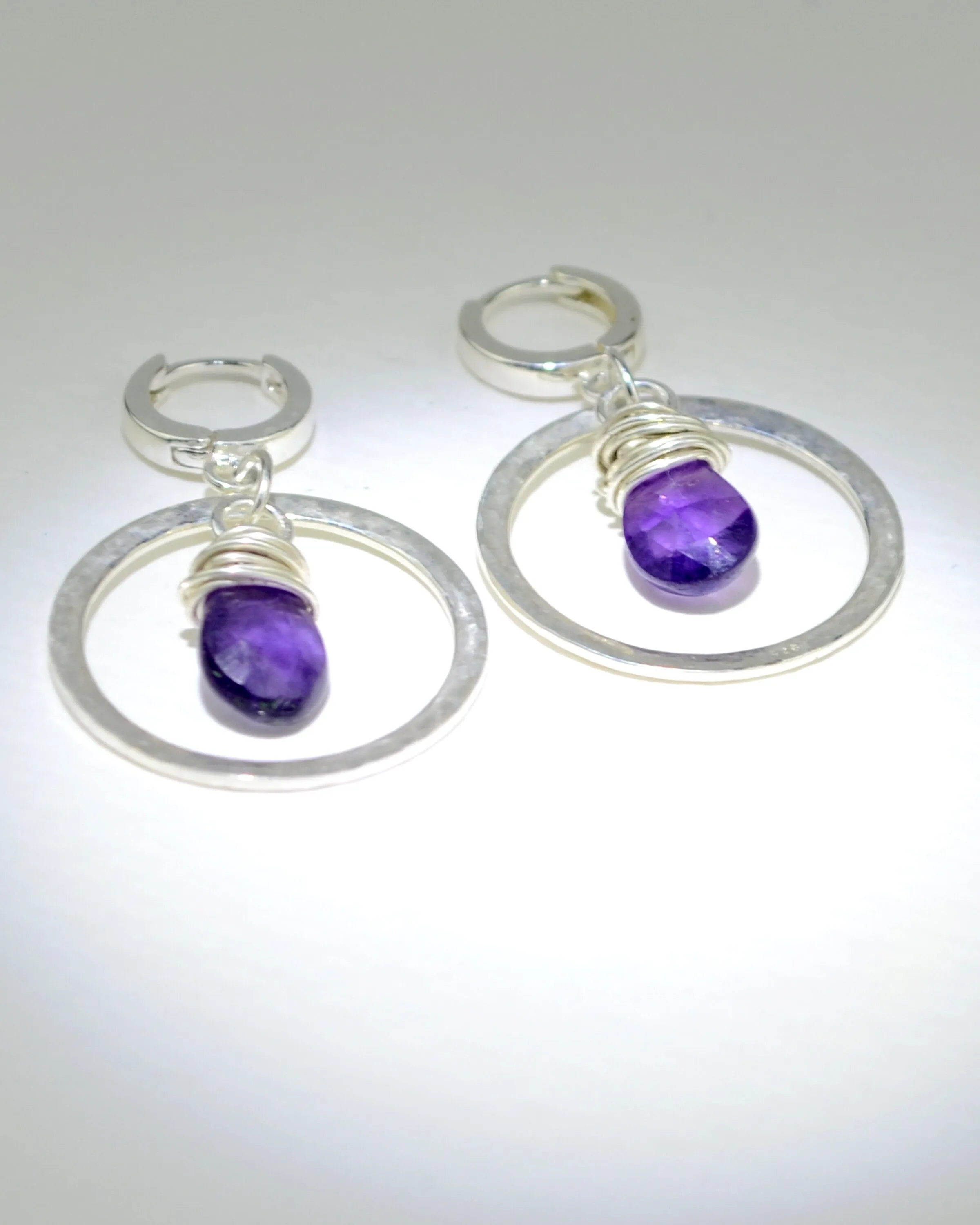 Boho silver hoop earrings with wire wrapped amethyst, February birth stone gift