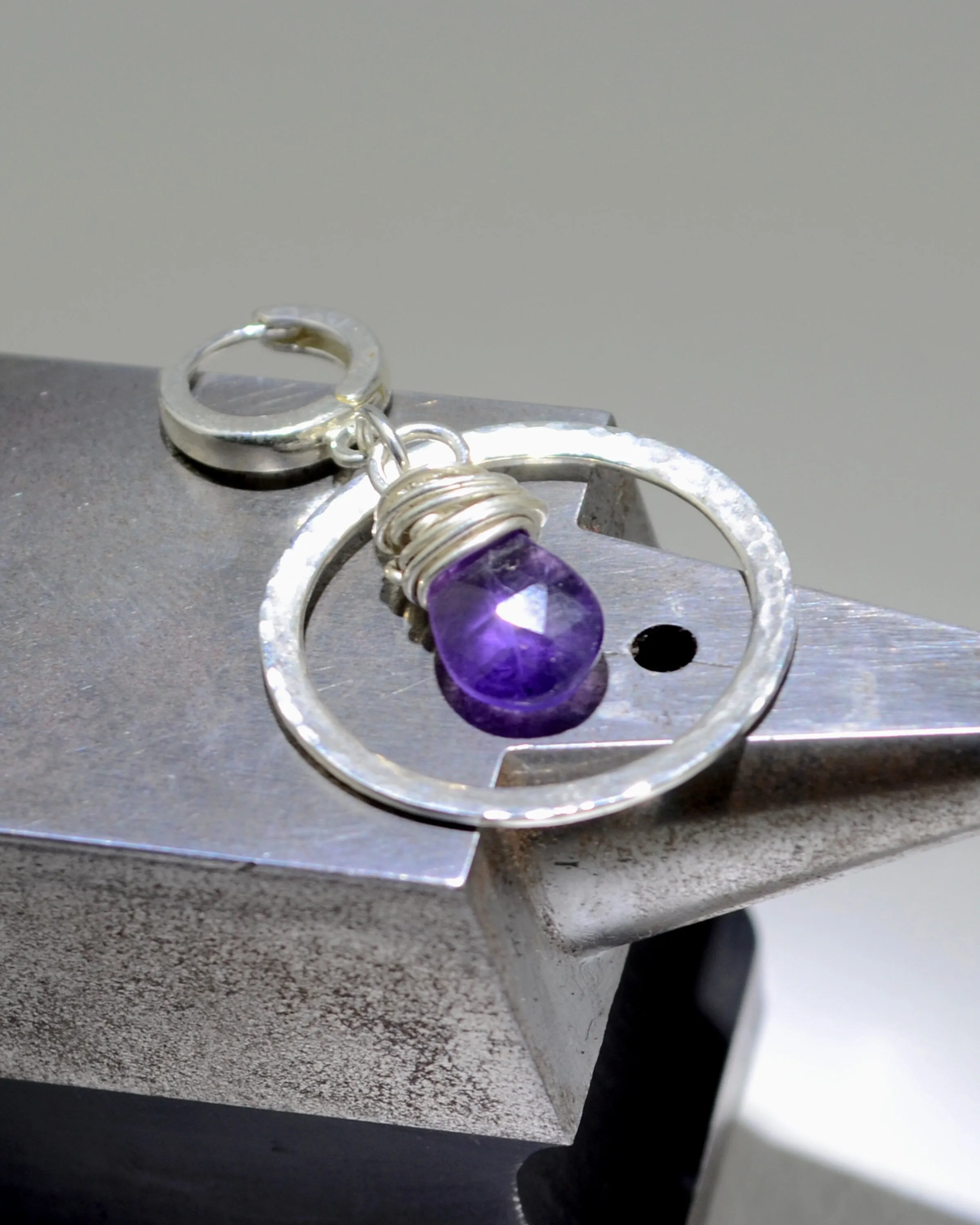 Boho silver hoop earrings with wire wrapped amethyst, February birth stone gift