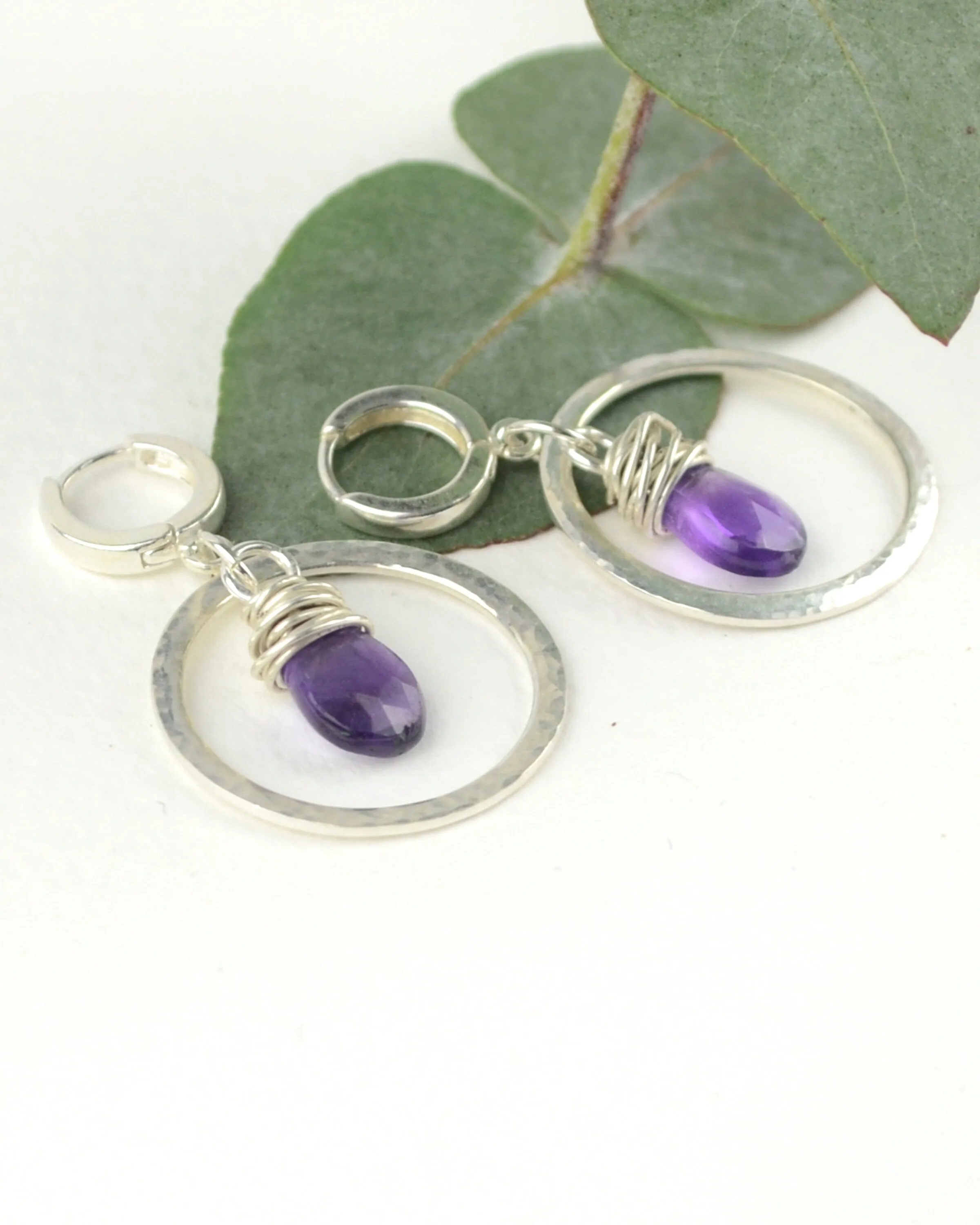 Boho silver hoop earrings with wire wrapped amethyst, February birth stone gift