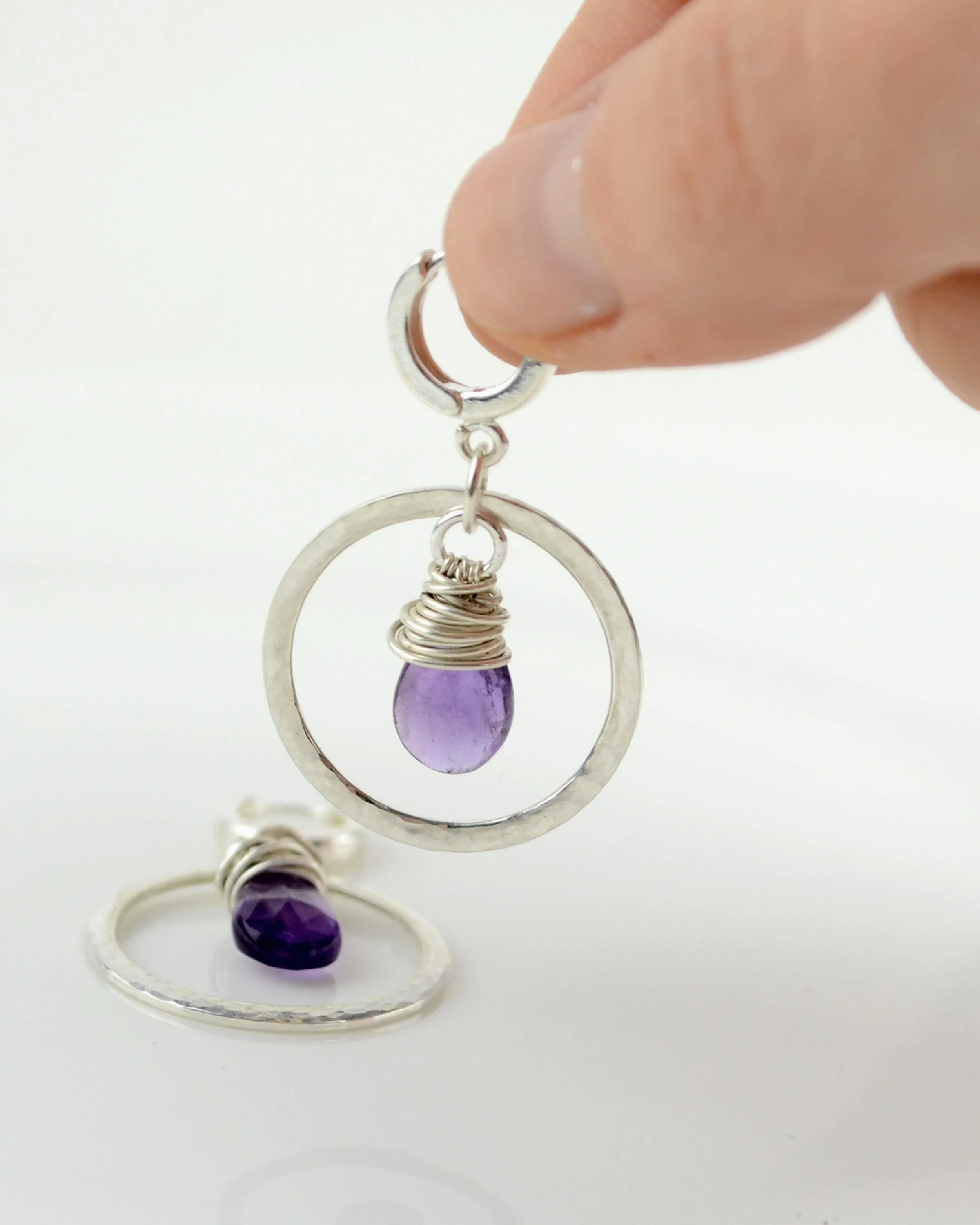 Boho silver hoop earrings with wire wrapped amethyst, February birth stone gift
