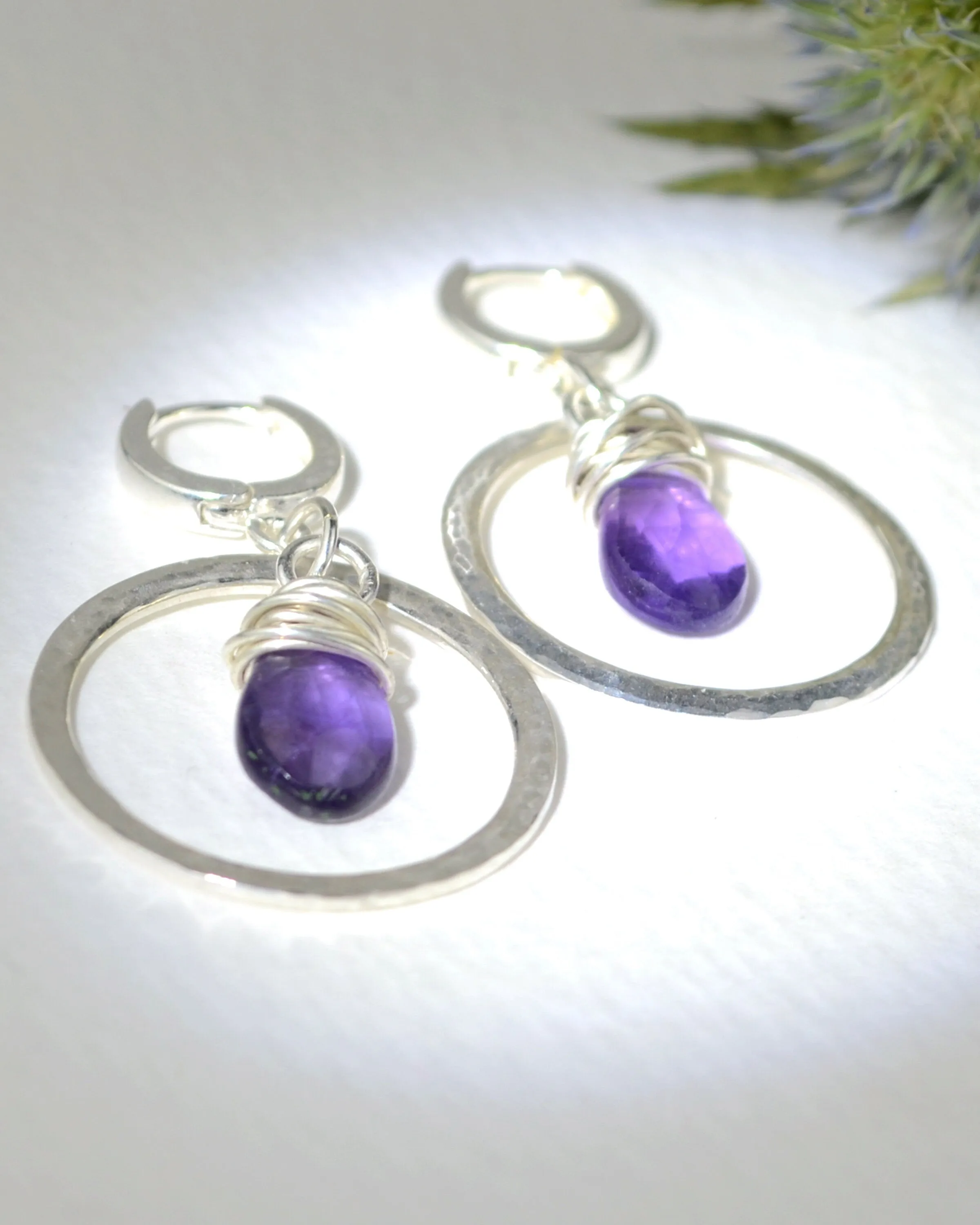Boho silver hoop earrings with wire wrapped amethyst, February birth stone gift