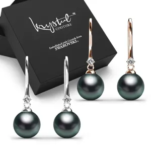 Boxed 2 Pairs Magnificent Pearl Hook Earrings Set Embellished with SWAROVSKI® Crystals Iridescent Tahitian Look Pearls