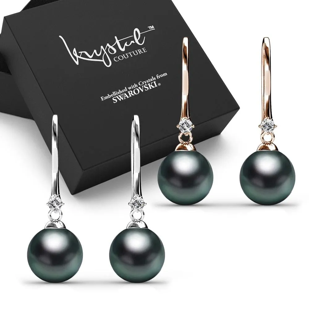 Boxed 2 Pairs Magnificent Pearl Hook Earrings Set Embellished with SWAROVSKI® Crystals Iridescent Tahitian Look Pearls
