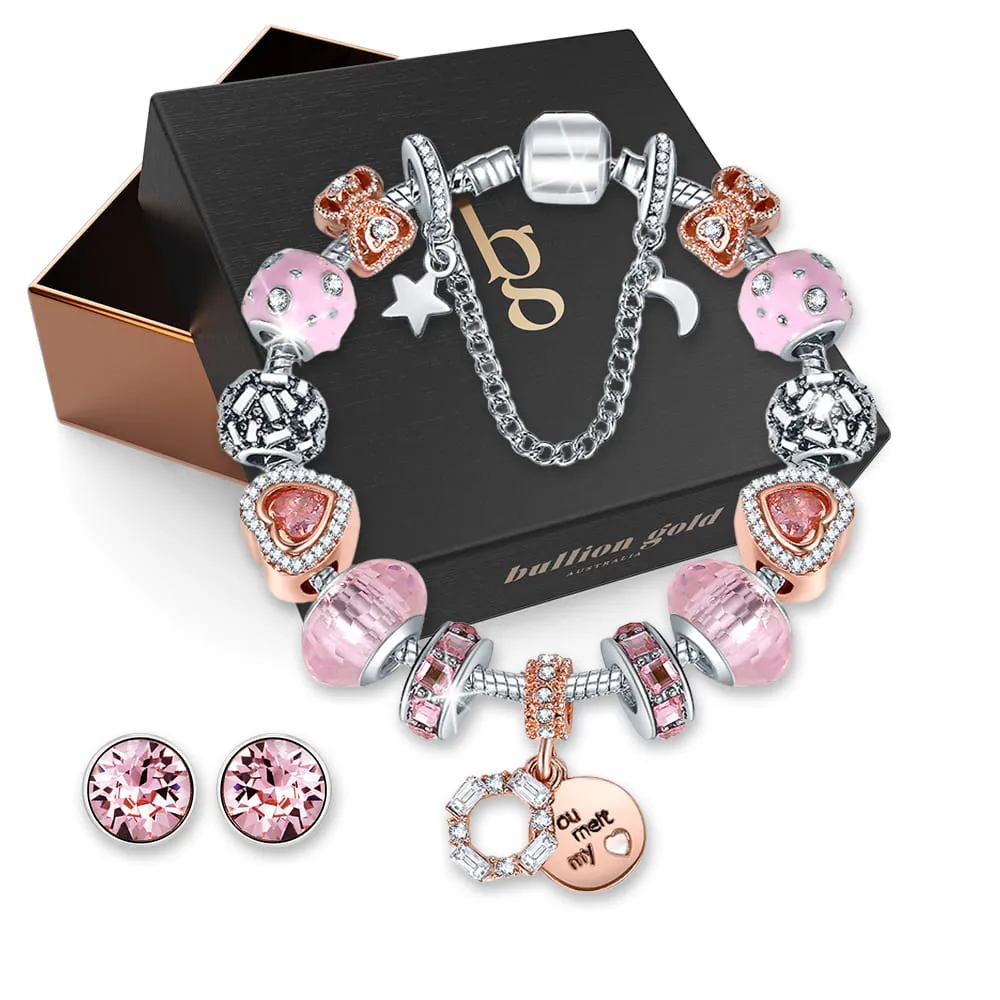 Boxed Set of Pandora Inspired Bead Charm Bracelet and Exquisite SWAROVSKI® Crystal Encrusted Earrings