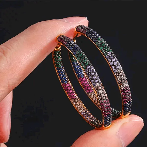 Brilliant Rainbow Pave CZ Cubic Zirconia Large Women Gold Hoop Earrings