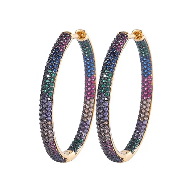 Brilliant Rainbow Pave CZ Cubic Zirconia Large Women Gold Hoop Earrings