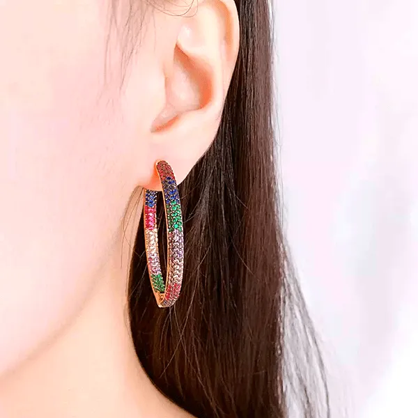 Brilliant Rainbow Pave CZ Cubic Zirconia Large Women Gold Hoop Earrings
