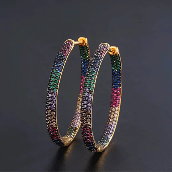 Brilliant Rainbow Pave CZ Cubic Zirconia Large Women Gold Hoop Earrings