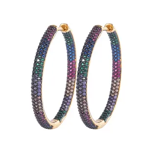 Brilliant Rainbow Pave CZ Cubic Zirconia Large Women Gold Hoop Earrings