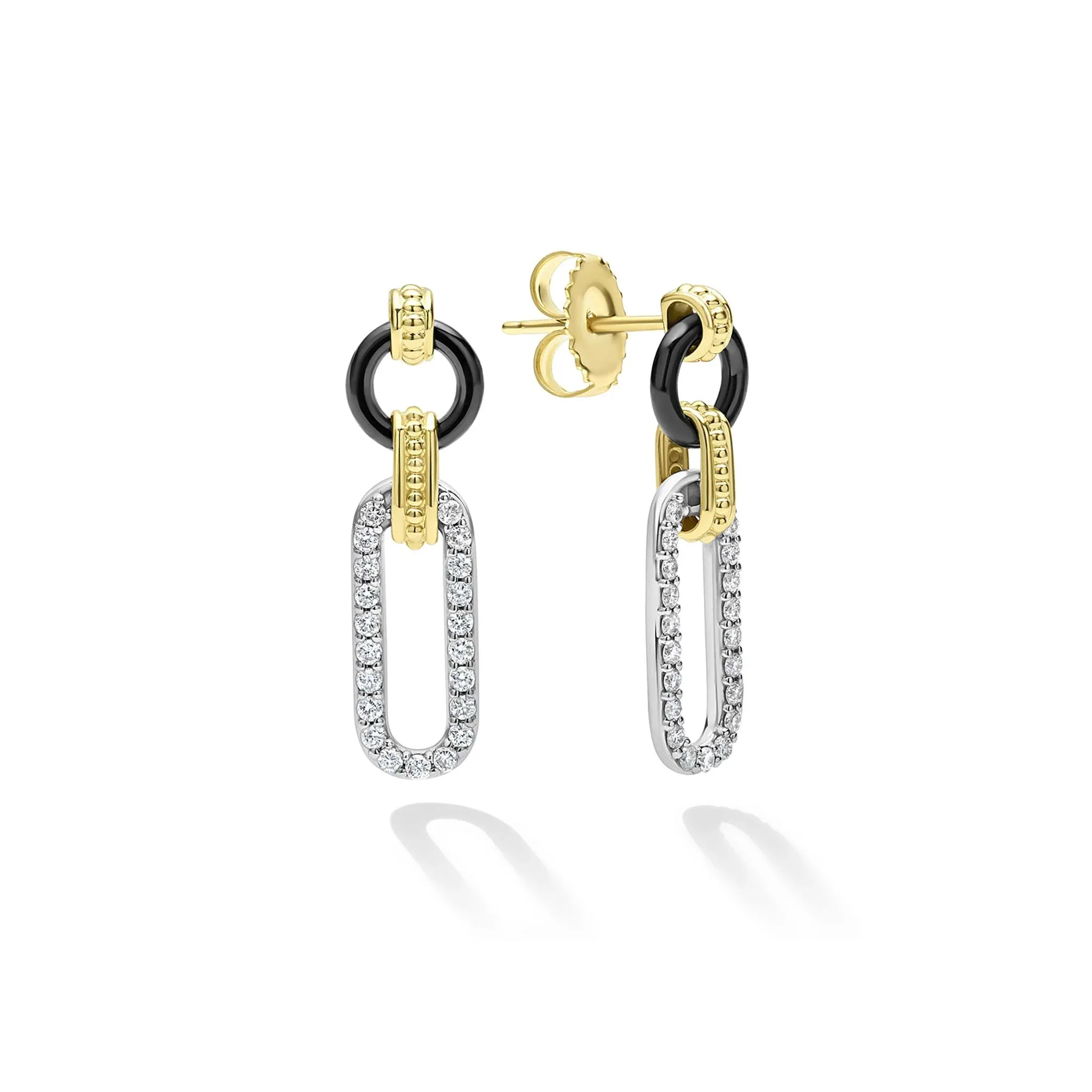 Caviar Black Ceramic and Diamond Oval Links Circle Top 15mm Drop Earrings in Sterling Silver and18K Yellow Gold