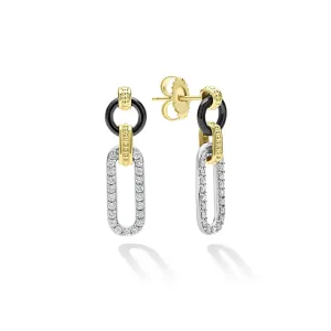 Caviar Black Ceramic and Diamond Oval Links Circle Top 15mm Drop Earrings in Sterling Silver and18K Yellow Gold