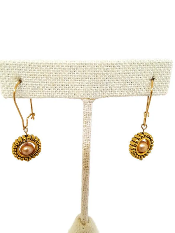 Champagne Color Fresh Water Pearl Earrings in Gold Tone Bead Frames (1 Tier)