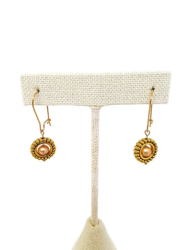 Champagne Color Fresh Water Pearl Earrings in Gold Tone Bead Frames (1 Tier)