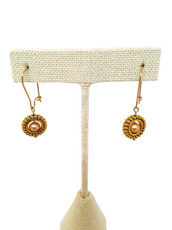 Champagne Color Fresh Water Pearl Earrings in Gold Tone Bead Frames (1 Tier)