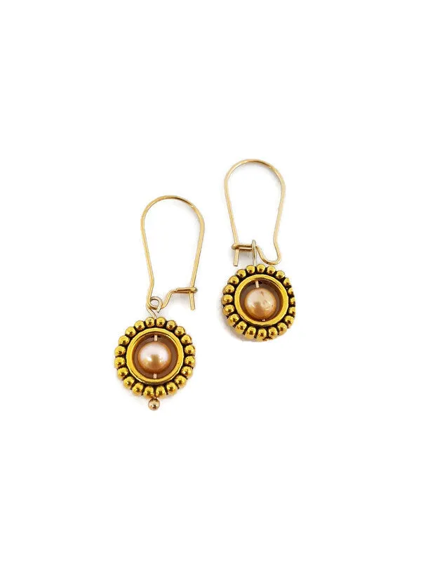 Champagne Color Fresh Water Pearl Earrings in Gold Tone Bead Frames (1 Tier)