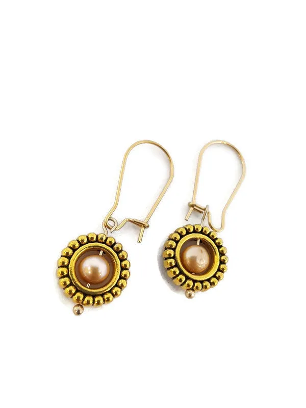 Champagne Color Fresh Water Pearl Earrings in Gold Tone Bead Frames (1 Tier)