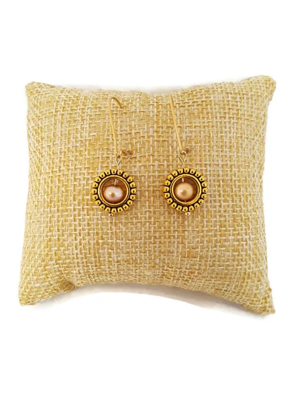 Champagne Color Fresh Water Pearl Earrings in Gold Tone Bead Frames (1 Tier)