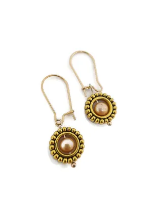 Champagne Color Fresh Water Pearl Earrings in Gold Tone Bead Frames (1 Tier)