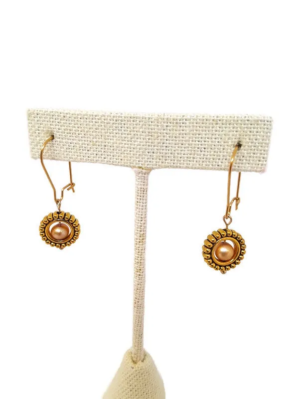 Champagne Color Fresh Water Pearl Earrings in Gold Tone Bead Frames (1 Tier)
