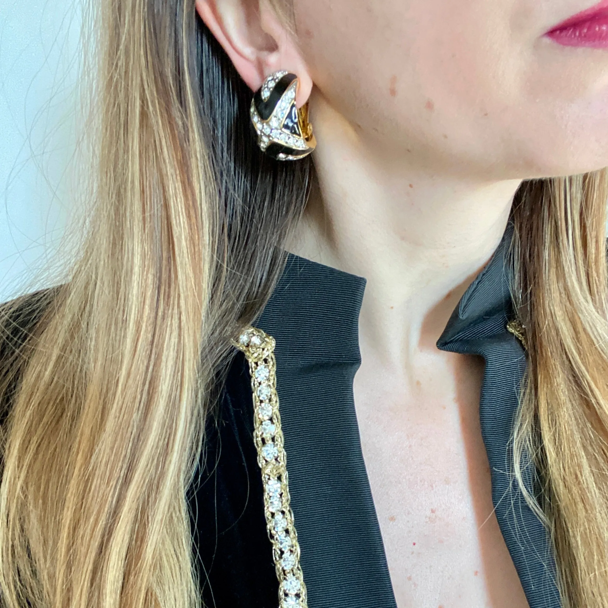 Chic Black Enamel and Crystal Clip-On Hoop Earrings