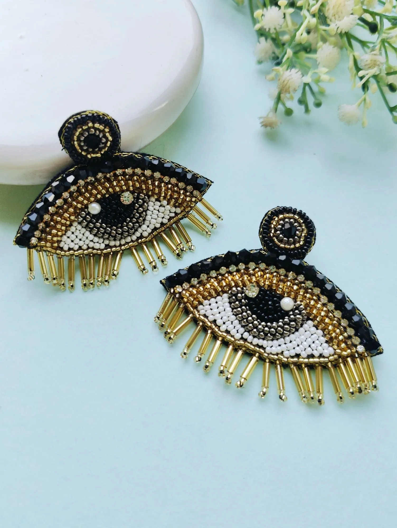 Chic Black-Gold Evil Eye Handcrafted Beading Dangle Earrings