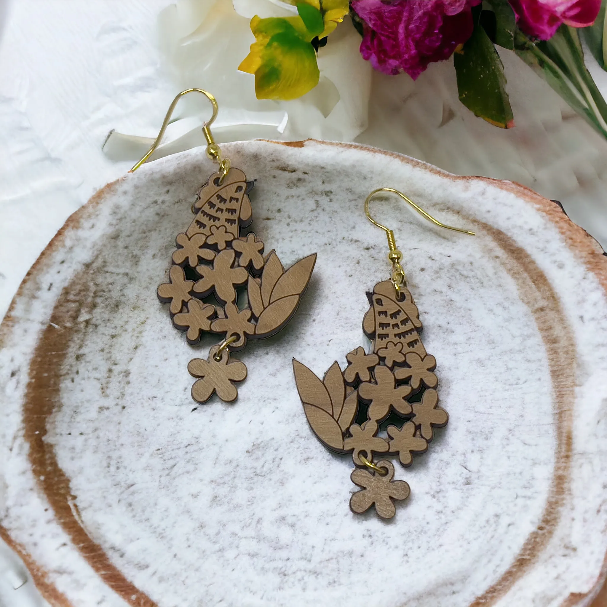 Chic Chick & Floral Wood Earrings: Handmade Rustic Jewelry for Nature Lovers