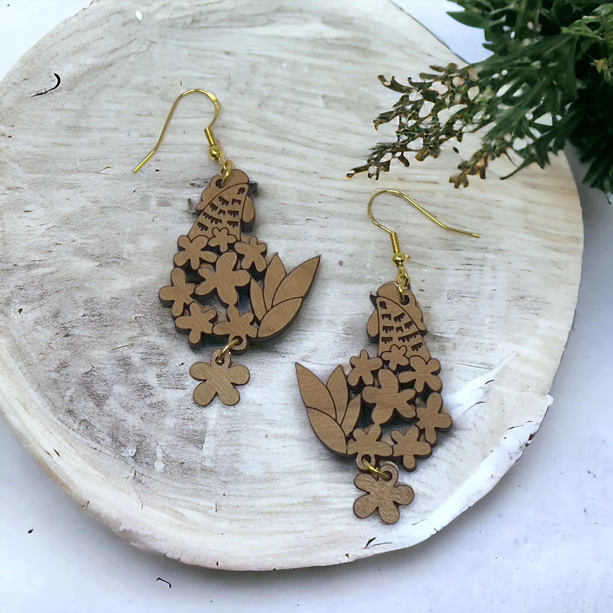 Chic Chick & Floral Wood Earrings: Handmade Rustic Jewelry for Nature Lovers