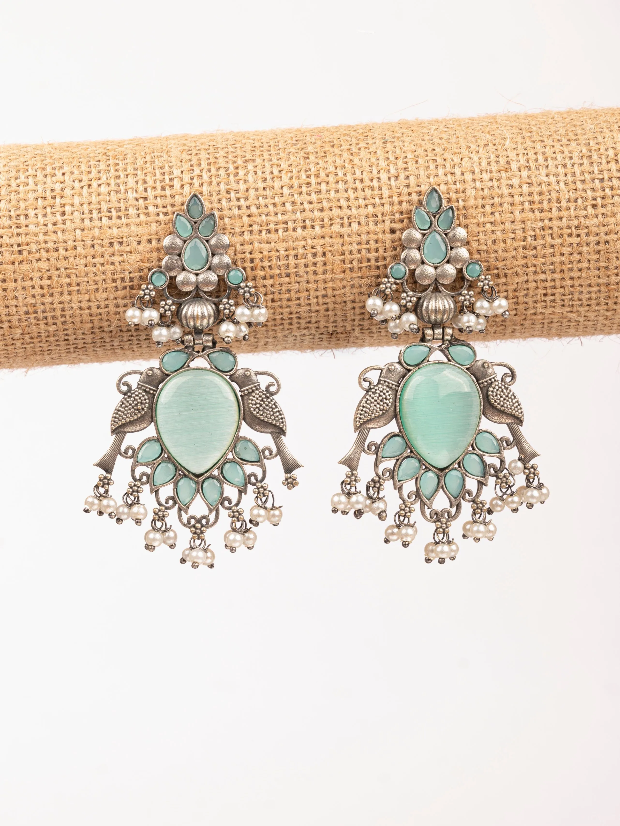 Chic Silver-Imitation Mint-Green Bird-Design Dangler Earrings for Women