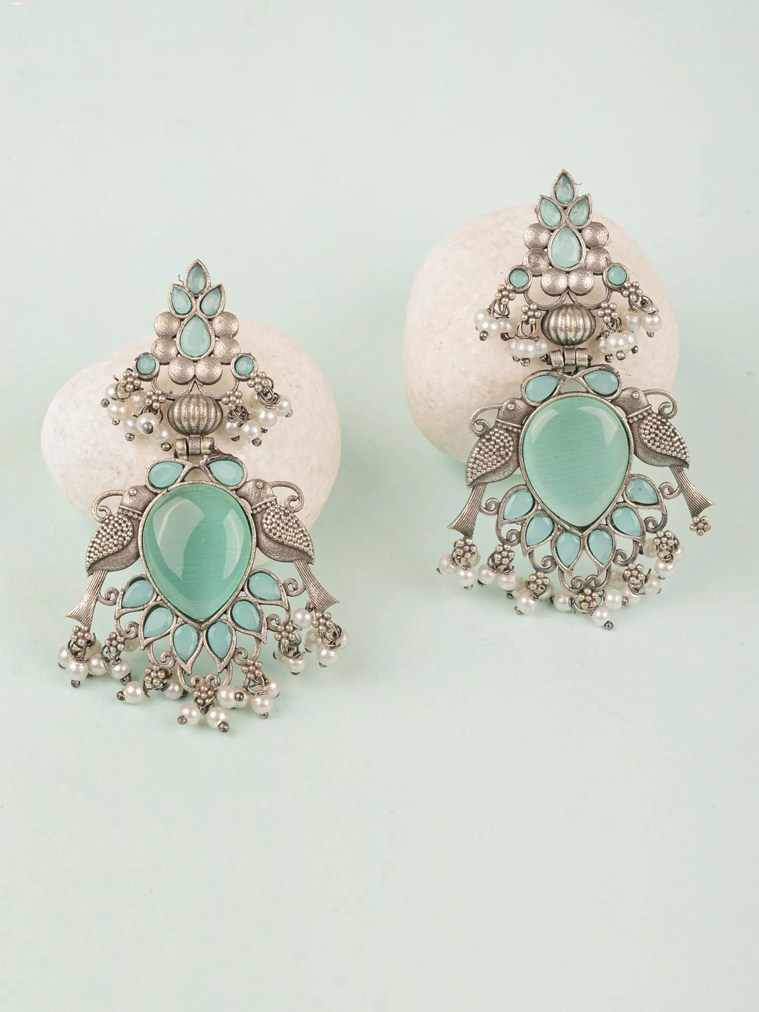 Chic Silver-Imitation Mint-Green Bird-Design Dangler Earrings for Women