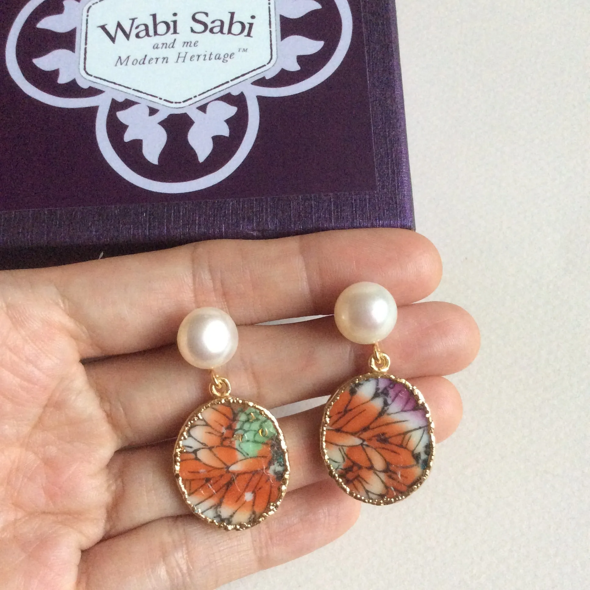 Chrysanthemum bouquet porcelain earrings with FW pearls