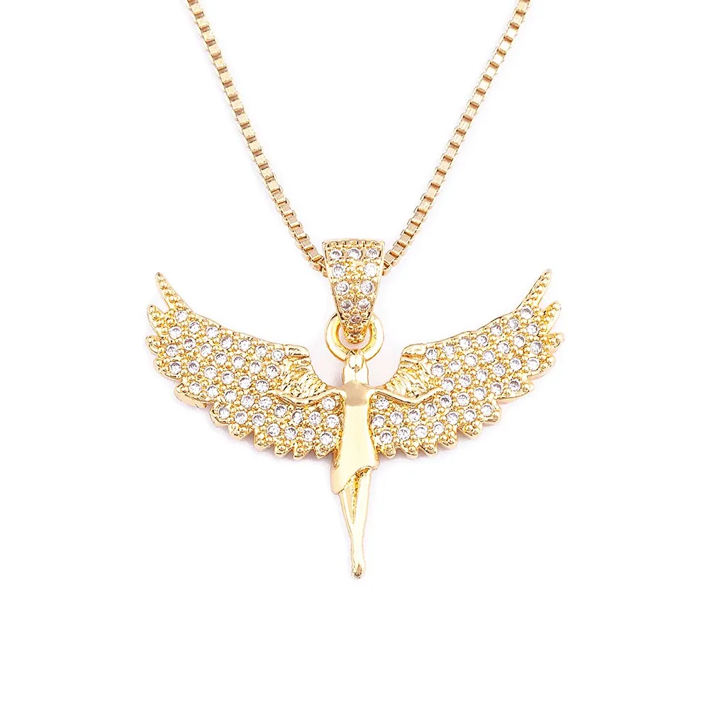 Classic Fashion Angel Wings Goddess Pendant Micro Pave Zircon Chain Necklace