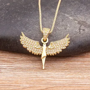 Classic Fashion Angel Wings Goddess Pendant Micro Pave Zircon Chain Necklace