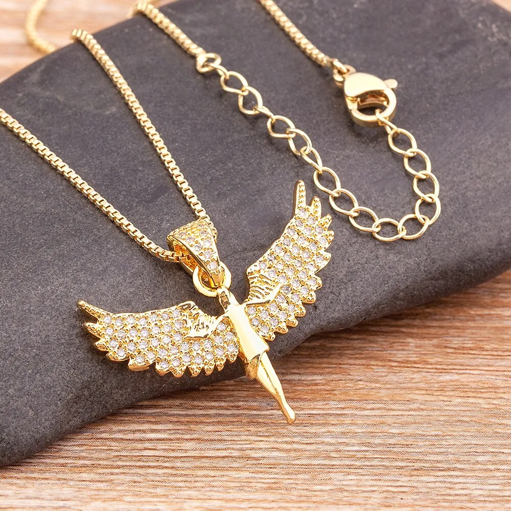 Classic Fashion Angel Wings Goddess Pendant Micro Pave Zircon Chain Necklace