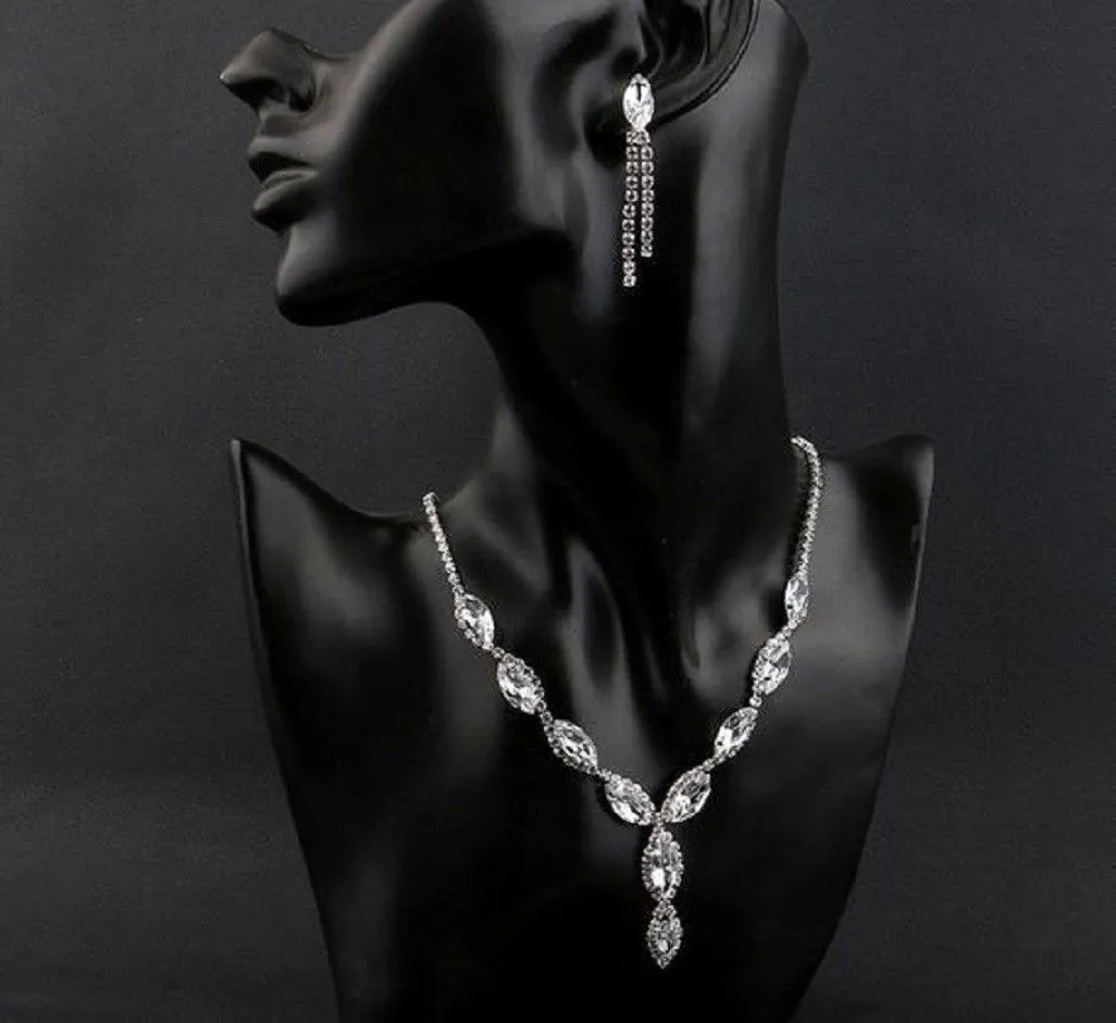 Clear Crystal Leaf V-shape Necklace & Tassel Drop Earrings