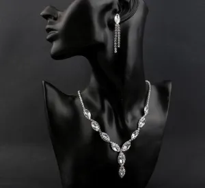 Clear Crystal Leaf V-shape Necklace & Tassel Drop Earrings