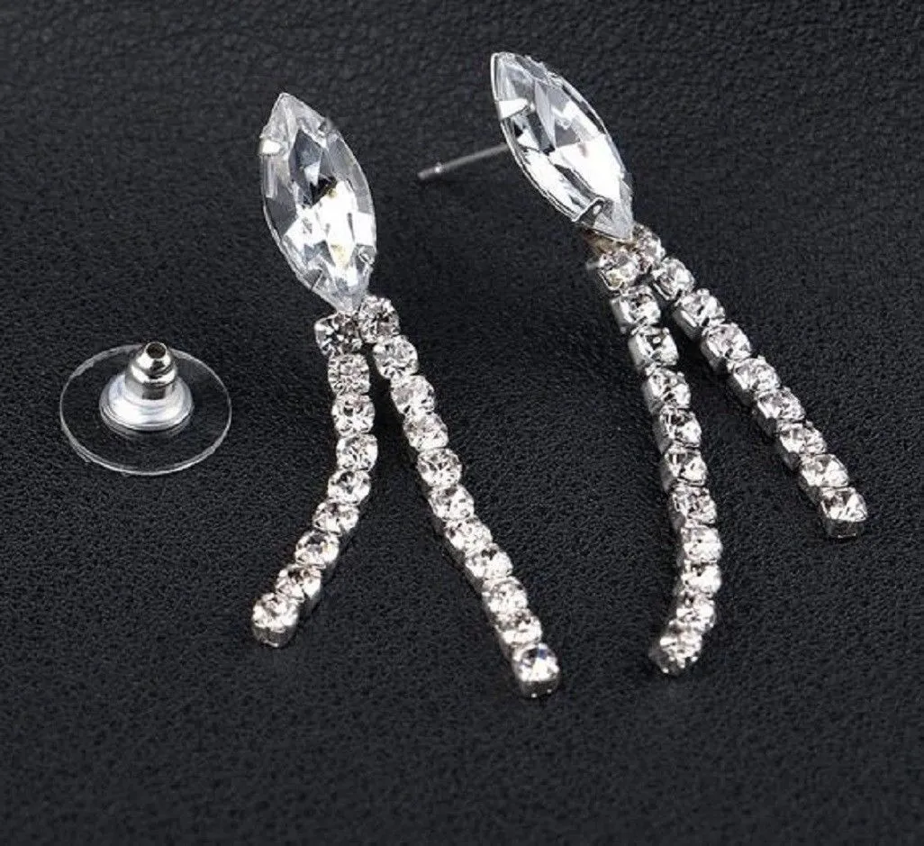 Clear Crystal Leaf V-shape Necklace & Tassel Drop Earrings