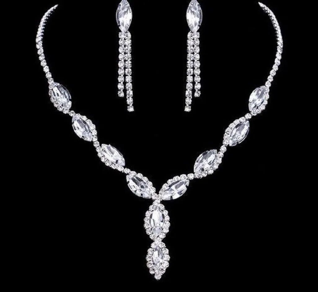 Clear Crystal Leaf V-shape Necklace & Tassel Drop Earrings
