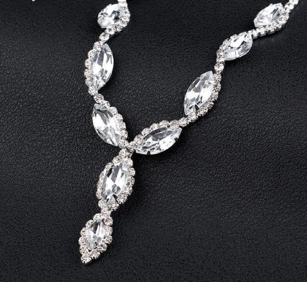 Clear Crystal Leaf V-shape Necklace & Tassel Drop Earrings