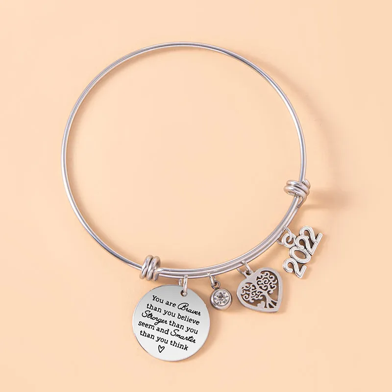 Crystal Heart Tree Of Life Charm Bracelet Inspirational Adjustable Stainless Steel Bangle