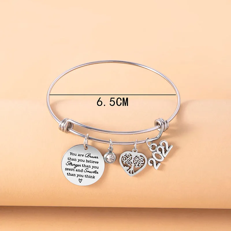 Crystal Heart Tree Of Life Charm Bracelet Inspirational Adjustable Stainless Steel Bangle