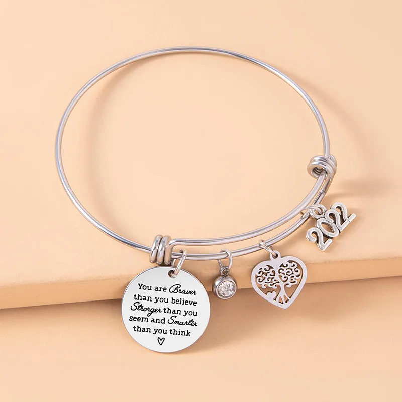 Crystal Heart Tree Of Life Charm Bracelet Inspirational Adjustable Stainless Steel Bangle