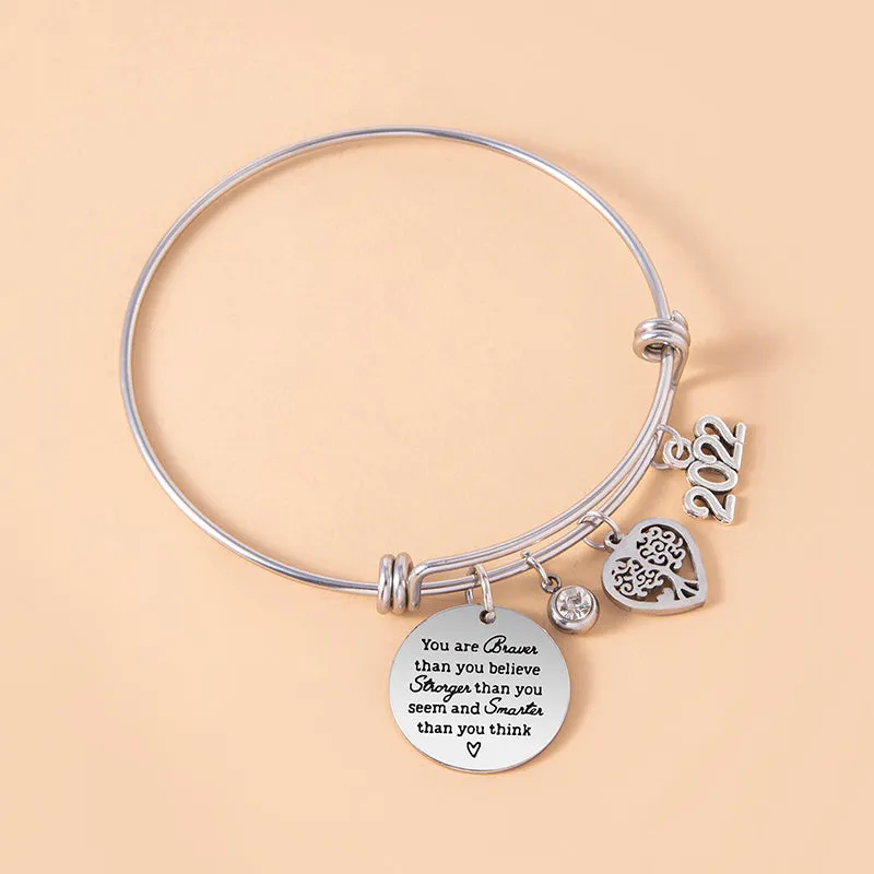 Crystal Heart Tree Of Life Charm Bracelet Inspirational Adjustable Stainless Steel Bangle