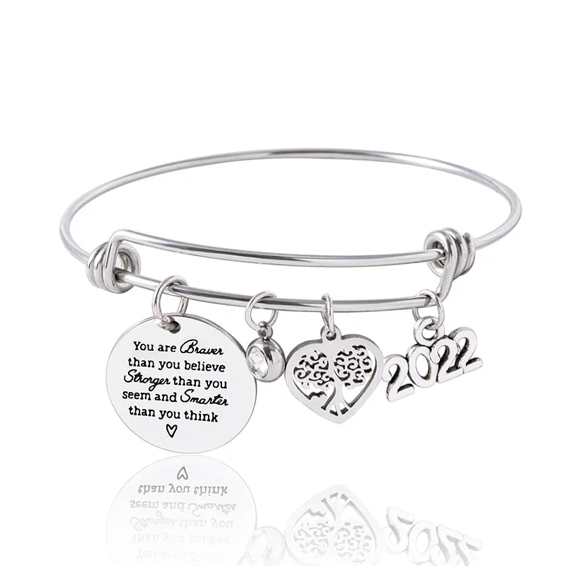 Crystal Heart Tree Of Life Charm Bracelet Inspirational Adjustable Stainless Steel Bangle