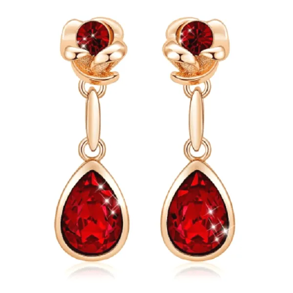 Crystal Rose Flower Gold Drop Dangling Earrings