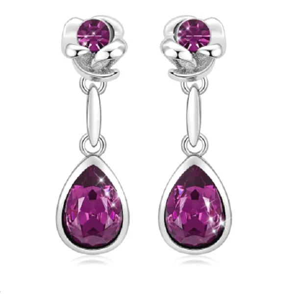 Crystal Rose Flower Gold Drop Dangling Earrings