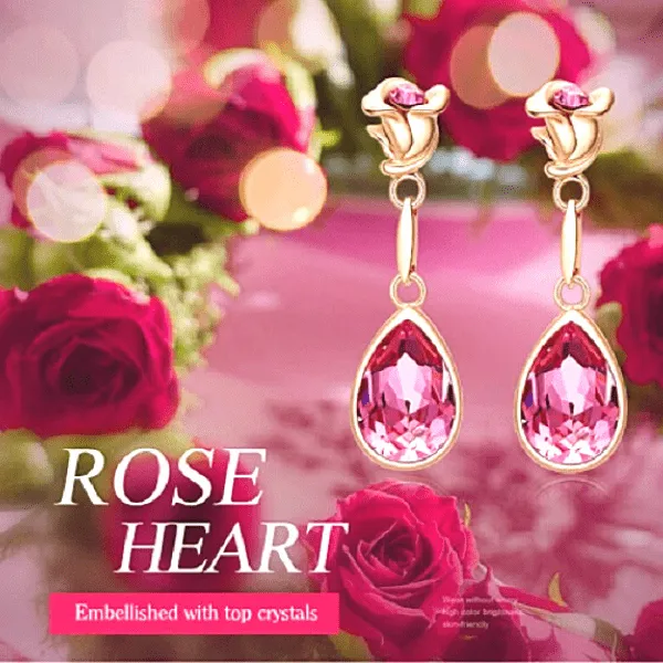 Crystal Rose Flower Gold Drop Dangling Earrings