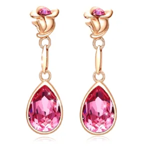Crystal Rose Flower Gold Drop Dangling Earrings